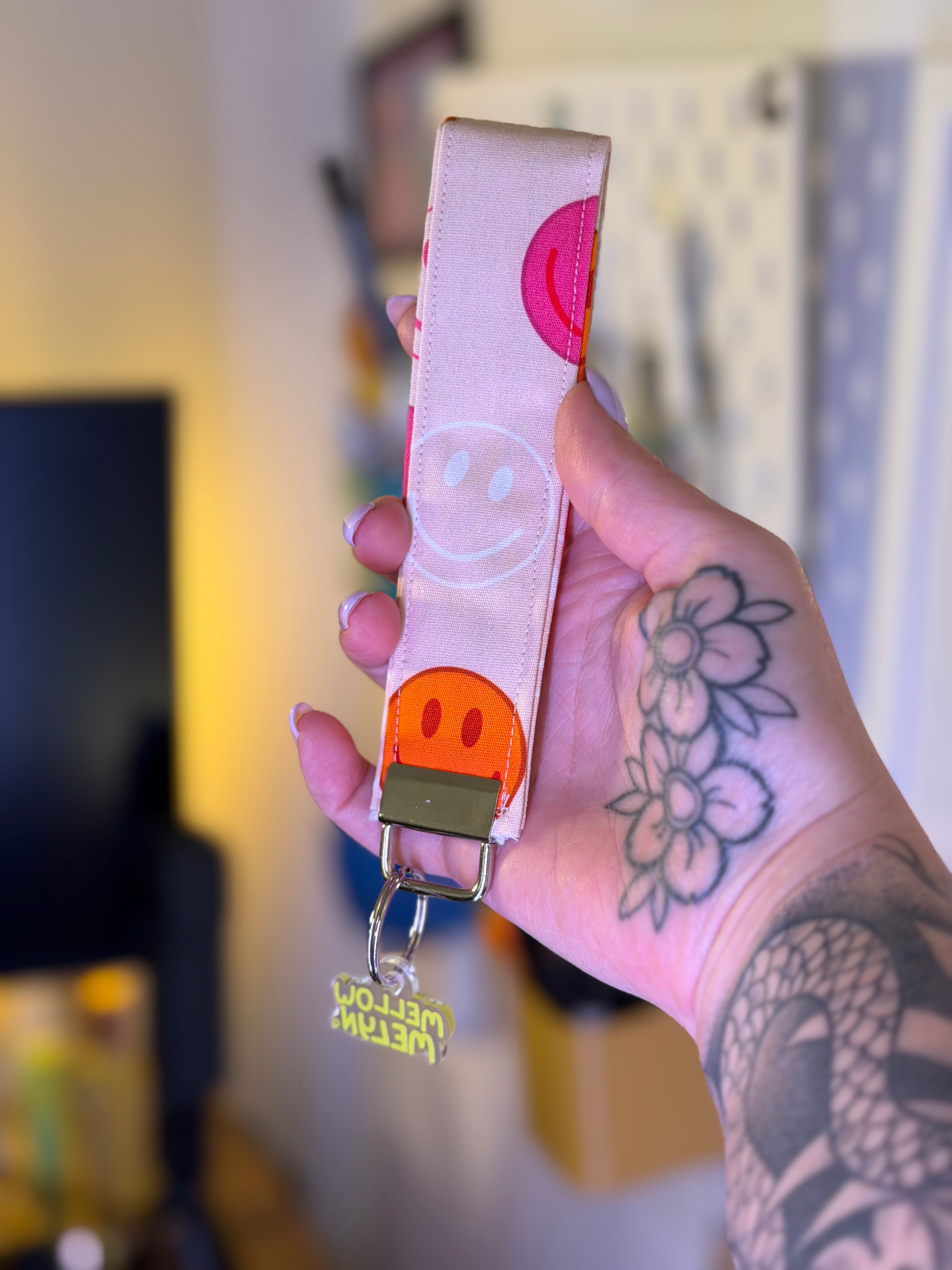 Neutral & Neon Print Smiley Wristlet Keychain