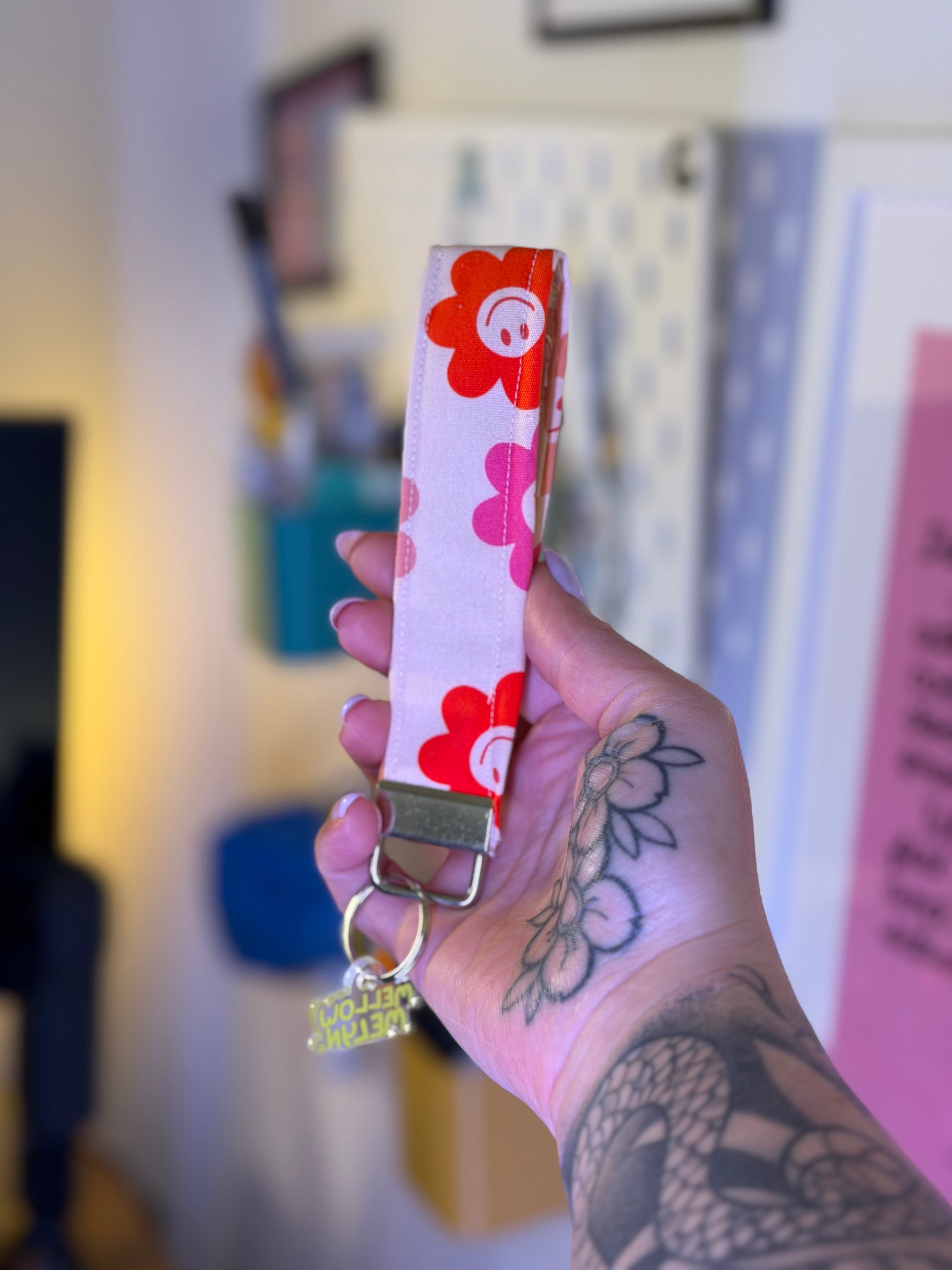 Pink & Red Print Smiley Flower Wristlet Keychain